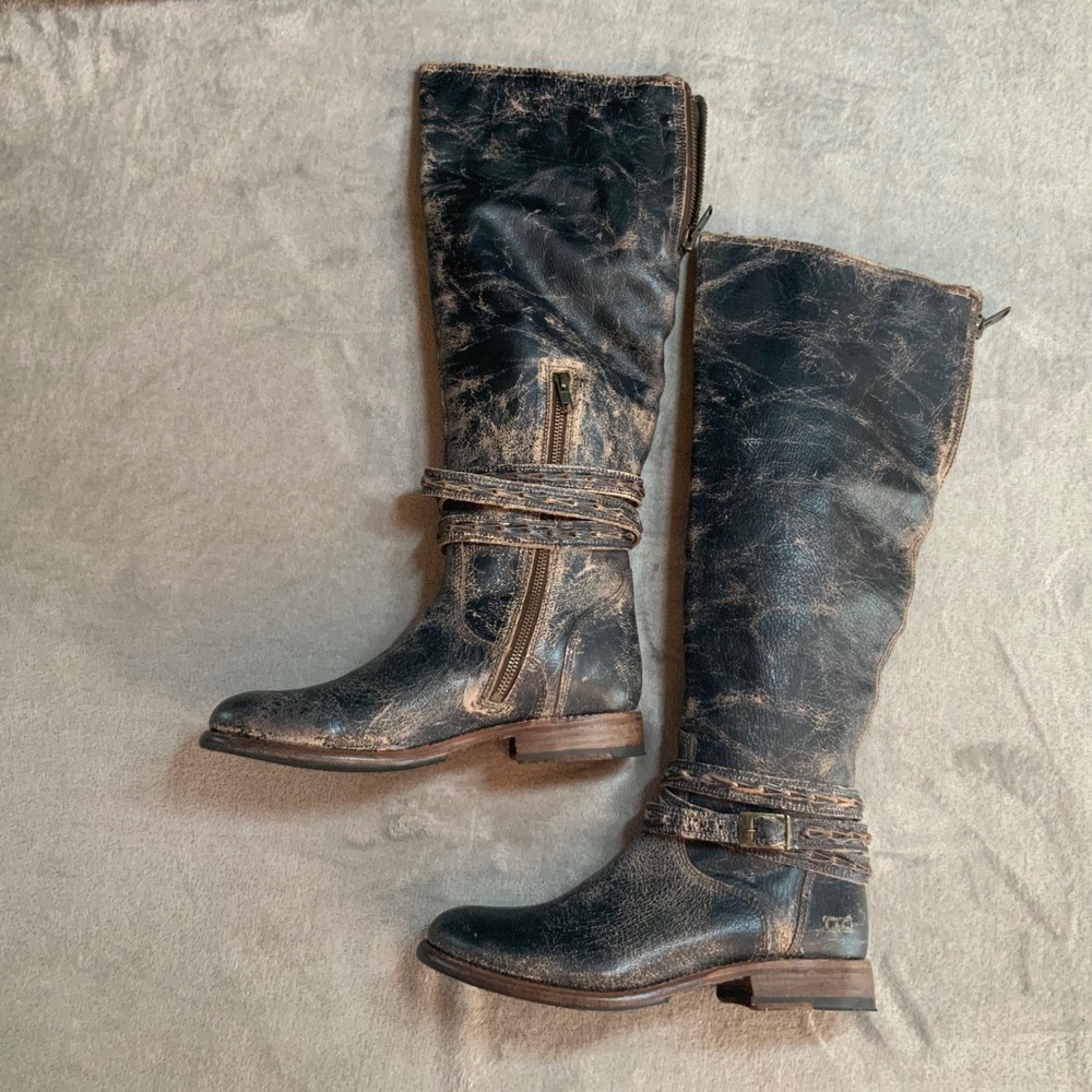 Bed|Stu Eva Distressed Black Lux Leather Knee High Harness Boot Vibram Sole Sz 9 - Picture 5 of 13